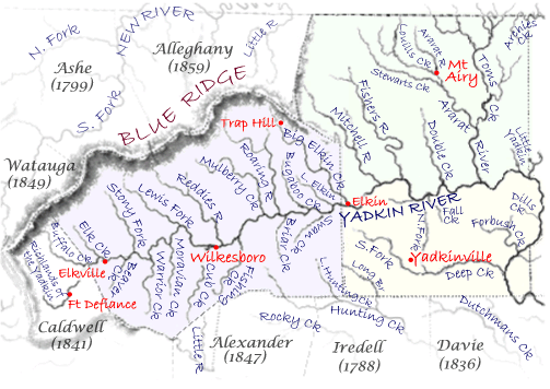 Map of the Surry, Yadkin, and Wilkes County region